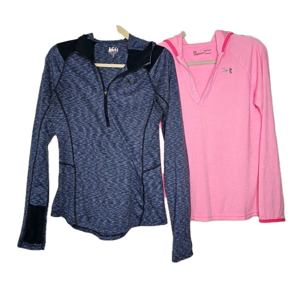 Lot Of 2 Small REI Blue Zip Thumb Holes Hooded Loose Heat Top Pink Underarmour